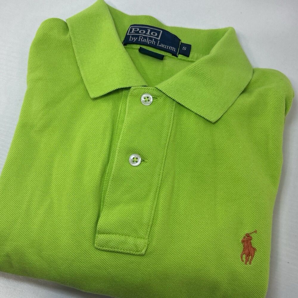 Polo Ralph Lauren Shirt Neon Green Orange Pony Mens Size Small 100% Cotton